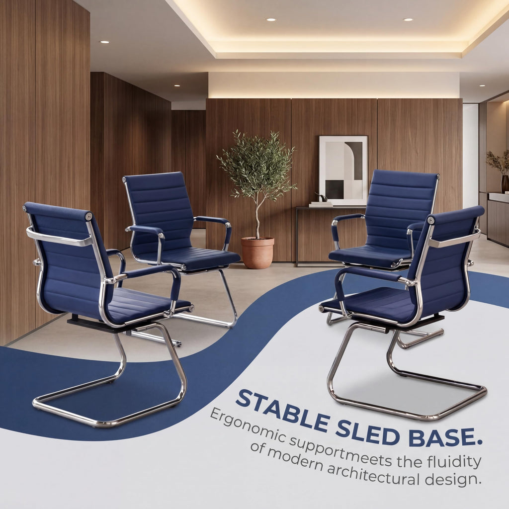 Office Desk Chair Set of 8,No Wheels PU Leather Computer Chairs Mid Back Guest Chairs with Seld Base for School/Reception/Conference/Waiting Room,Navy Blue