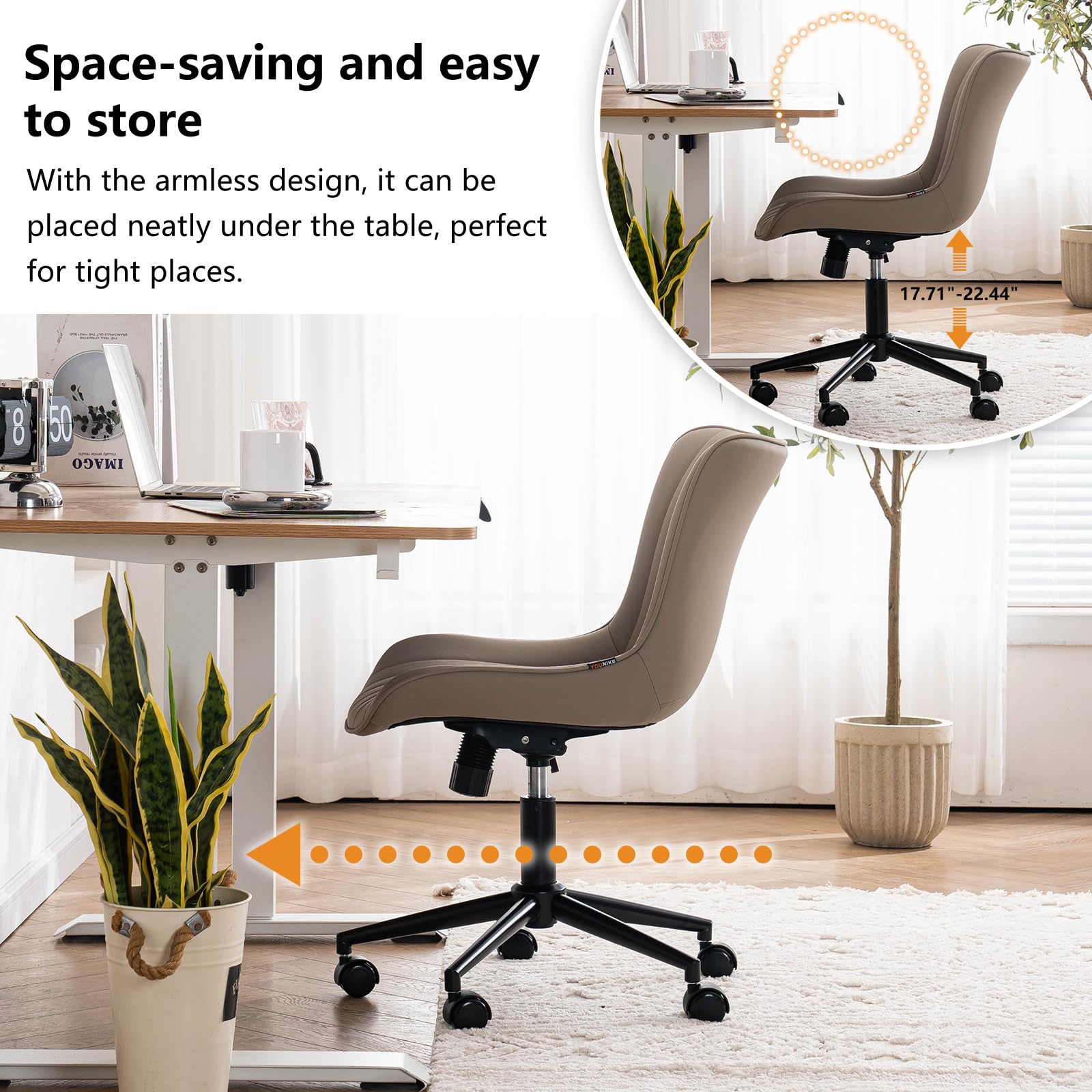 Khaki Comfy Home Office Desk Chair with Wheels Armless Vanity Chair with Back Ergonomic Modern Leather Upholstered Rolling Task Chair Small Cute Sewing Chair No Arms Wide Swivel Adjustable