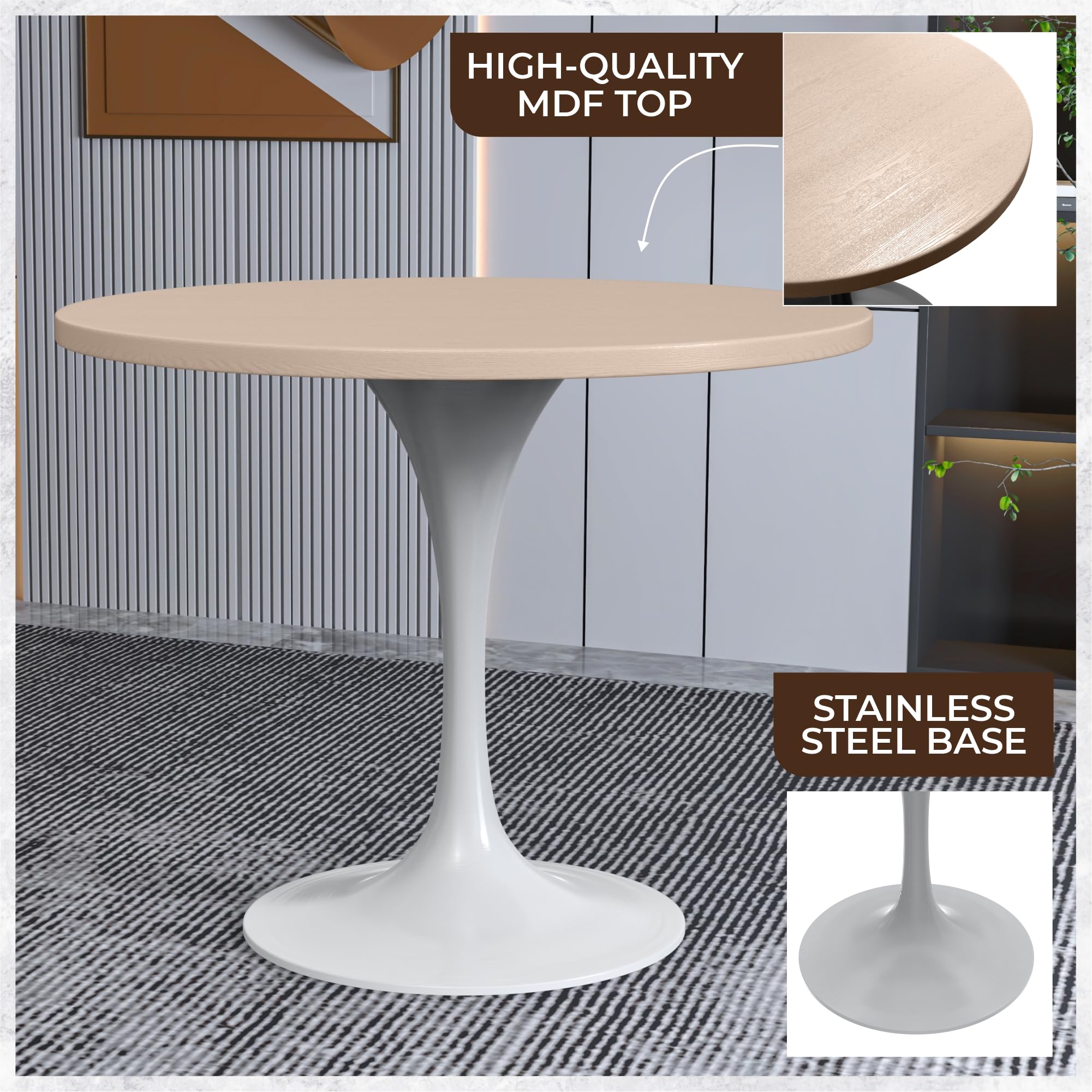 Verve Mid-Century Modern 36 Inch Round Dining Table, MDF Wood Tabletop with White Steel Pedestal Base, Contemporary Kitchen & Dining Room Table, for Small Spaces (Light Natural)