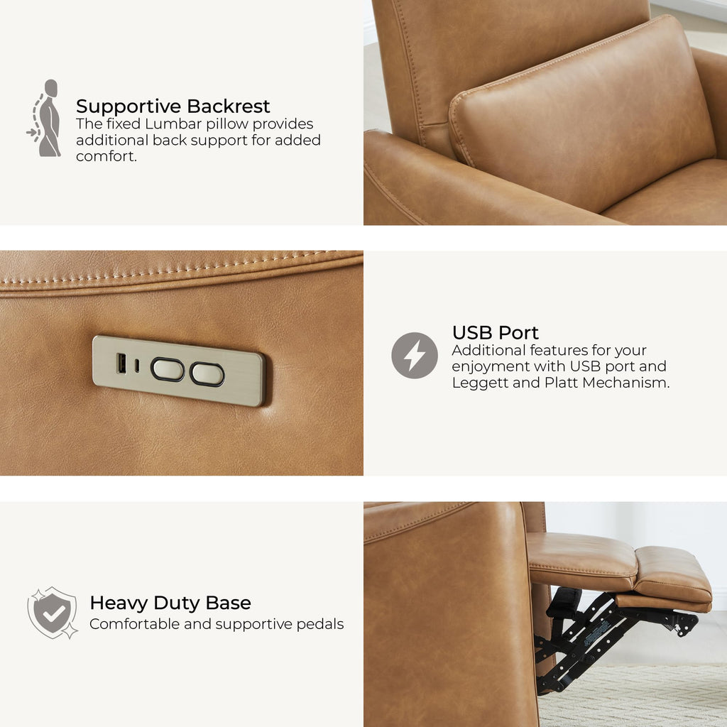 Power Recliner Chair Swivel Glider, FSC Certified Upholstered Faux Leather Living Room Nursery Reclining Sofa Chair with Lumbar Support, Cognac Brown