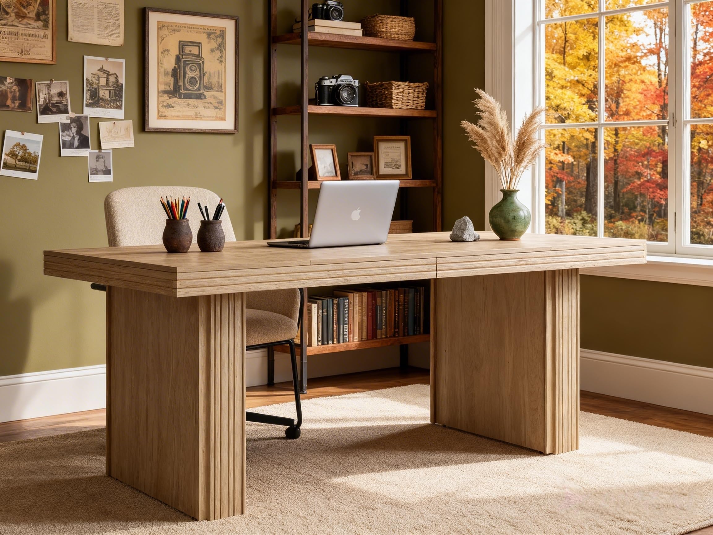 Modern Office Desk, Home Office Table with Wide Fluted Legs, Modern Desk for Home Office, Natural
