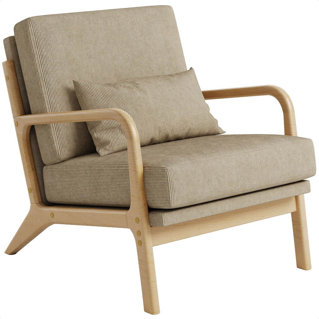 Mid-Century Modern Accent Chair, Armchair with Solid Wood Frame & Lumbar Pillow, Comfy Upholstered Lounge Chair for Office, Bedroom, Corduroy, Khaki