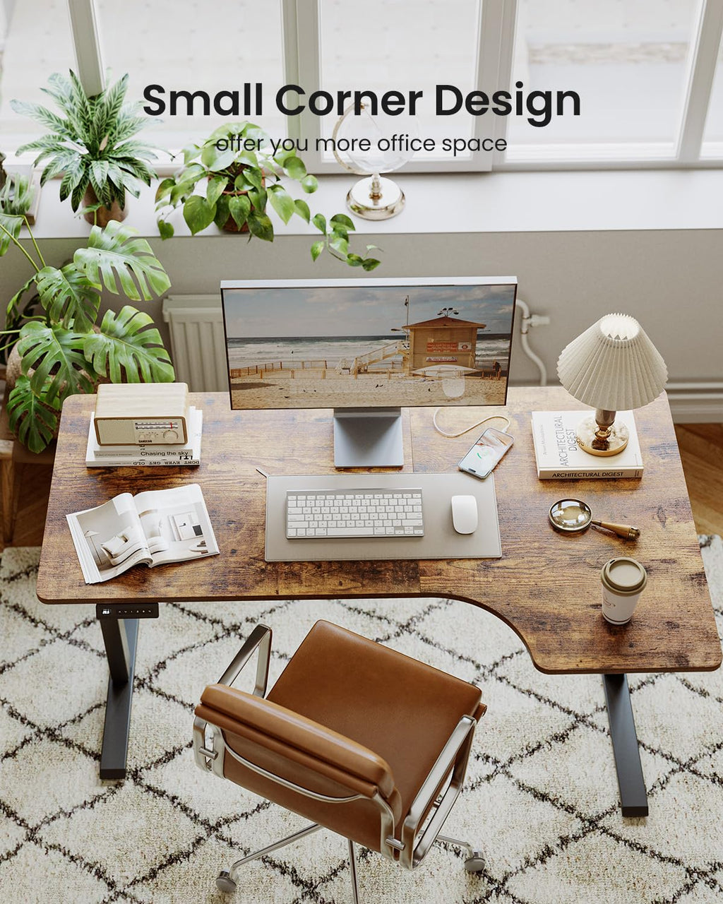 L Shaped Electric Corner Standing Desk, 55×32 inch Home Office & Computer Height Adjustable Table with 4 Memory Height Settings, Ergonomic Sit and Stand desk with Splice Board, Rustic Brown Top
