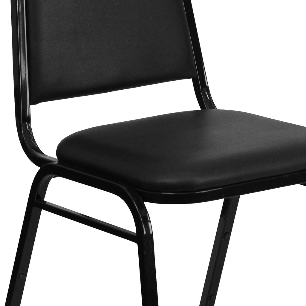Trapezoidal Back Vinyl Stackable Banquet Chair, Multipurpose Stacking Chair with Padded Seat and Back, Black