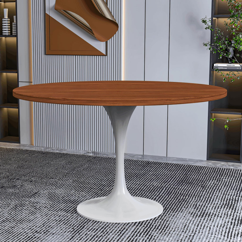 Verve Mid-Century Modern 48 Inch Round Dining Table, MDF Wood Tabletop with White Steel Pedestal Base, Large Pedestal Kitchen & Dining Room Table, Breakfast Nook Table (Cognac Brown)