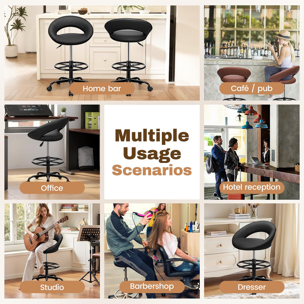 Black 4 Pack, Office Drafting Chair - Bar Stools with Back Support, Adjustable Foot Rest and Wheels, Shop Rolling Swivel Chair for Standing Desk Counter Kitchen Salon Home Vanity