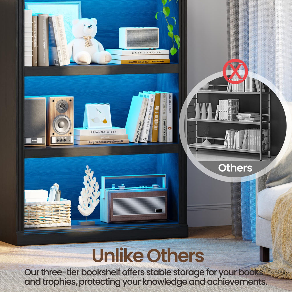 Modular LED Bookshelf with 3 Tiers, Motion Sensor and USB Charging - Black