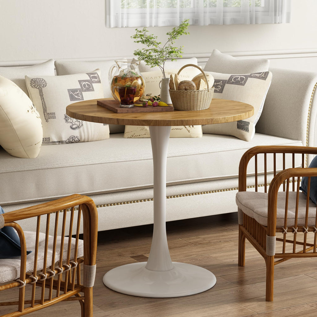 Kasinali Round Dining Table 30" Circle Tulip Table with Wood Thickened Tabletop & Sturdy Metal Pedestal Mid Century Modern Leisure Bistro Kitchen Tables 4 People Small Places Living Room Cafe,Oak
