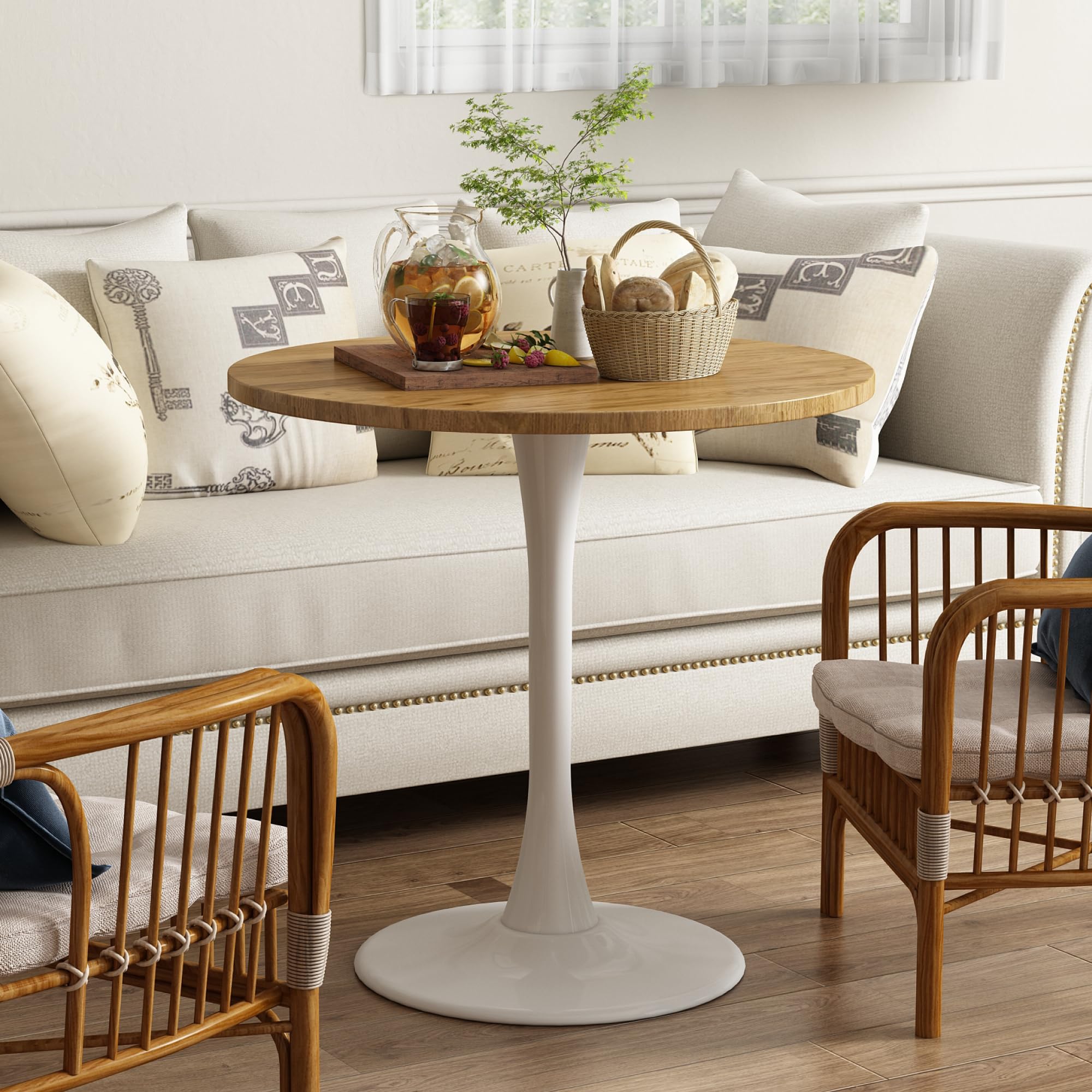 Kasinali Round Dining Table 30" Circle Tulip Table with Wood Thickened Tabletop & Sturdy Metal Pedestal Mid Century Modern Leisure Bistro Kitchen Tables 4 People Small Places Living Room Cafe,Oak