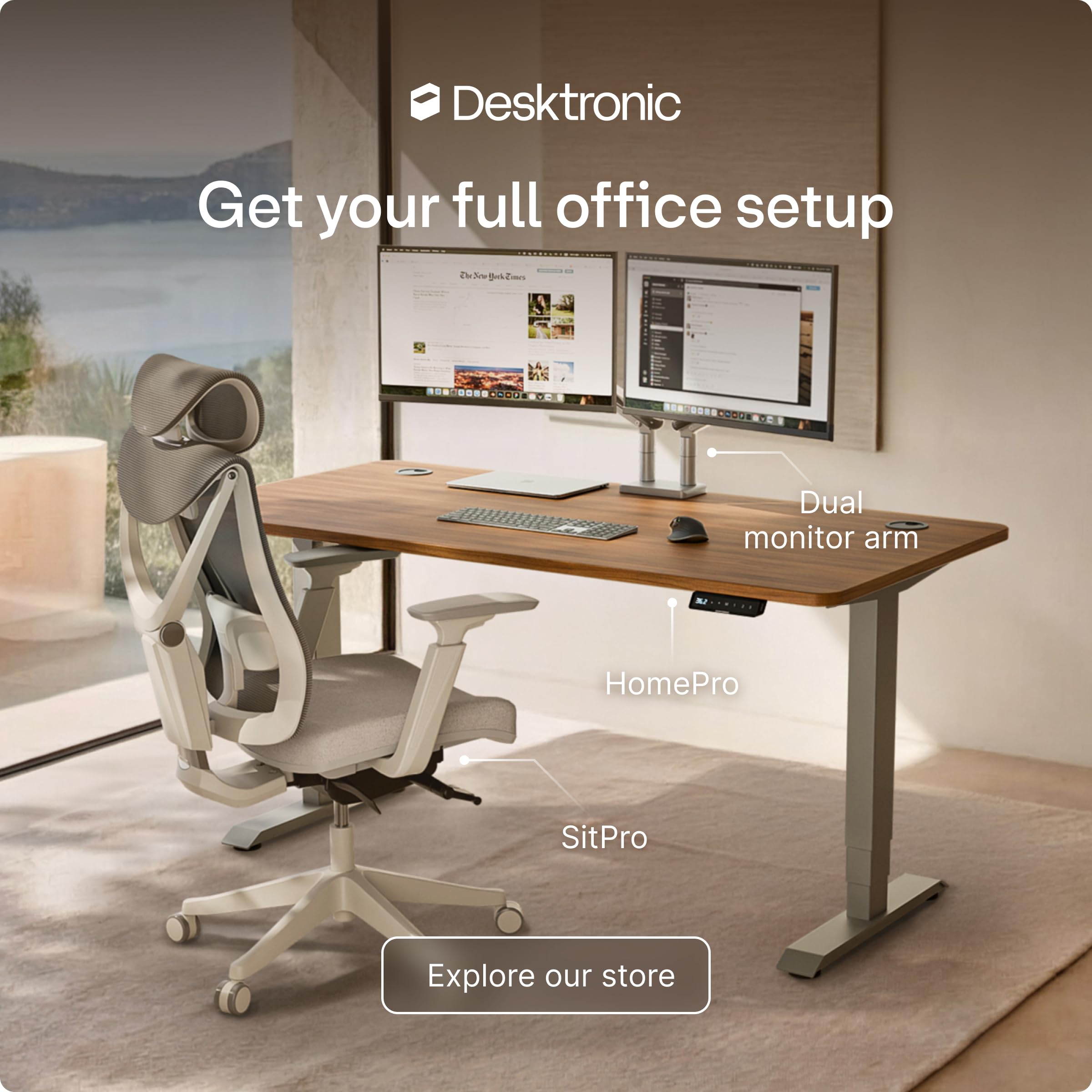Standing Desk 48x24 — Made in Europe, Ergonomic Sit Stand Home Office Desk, Electric Height Adjustable, Dual Motor, USB & USB-C Charging, Wobble-Free, Touchscreen, 3 Memory Presets