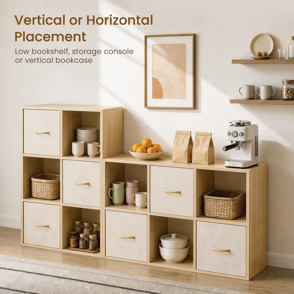 6 Cube Storage Organizer - Solid Wood Bookshelf with 3 Storage Bins, Cube Shelf with 2 Removable Back Panels, Vertical or Horizontal Bookcase, Open Book Shelf for Bedroom, Living Room, Office