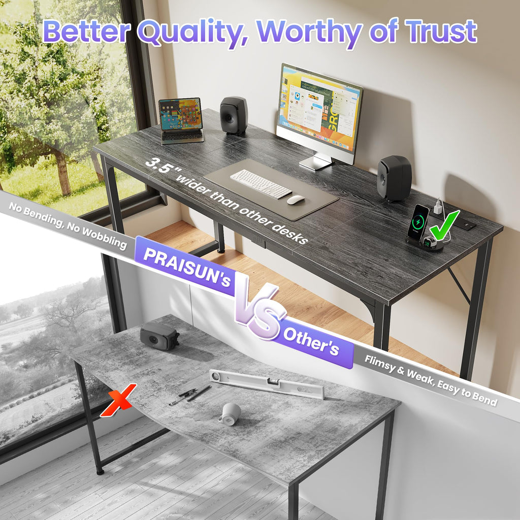 63 X 24 Inch Office Computer Desk with Power Outlets and USB-C Port, Larger and Longer Gaming Desk, for Home Office, Study, Writing Work from Home Table, Metal Frame, Grey