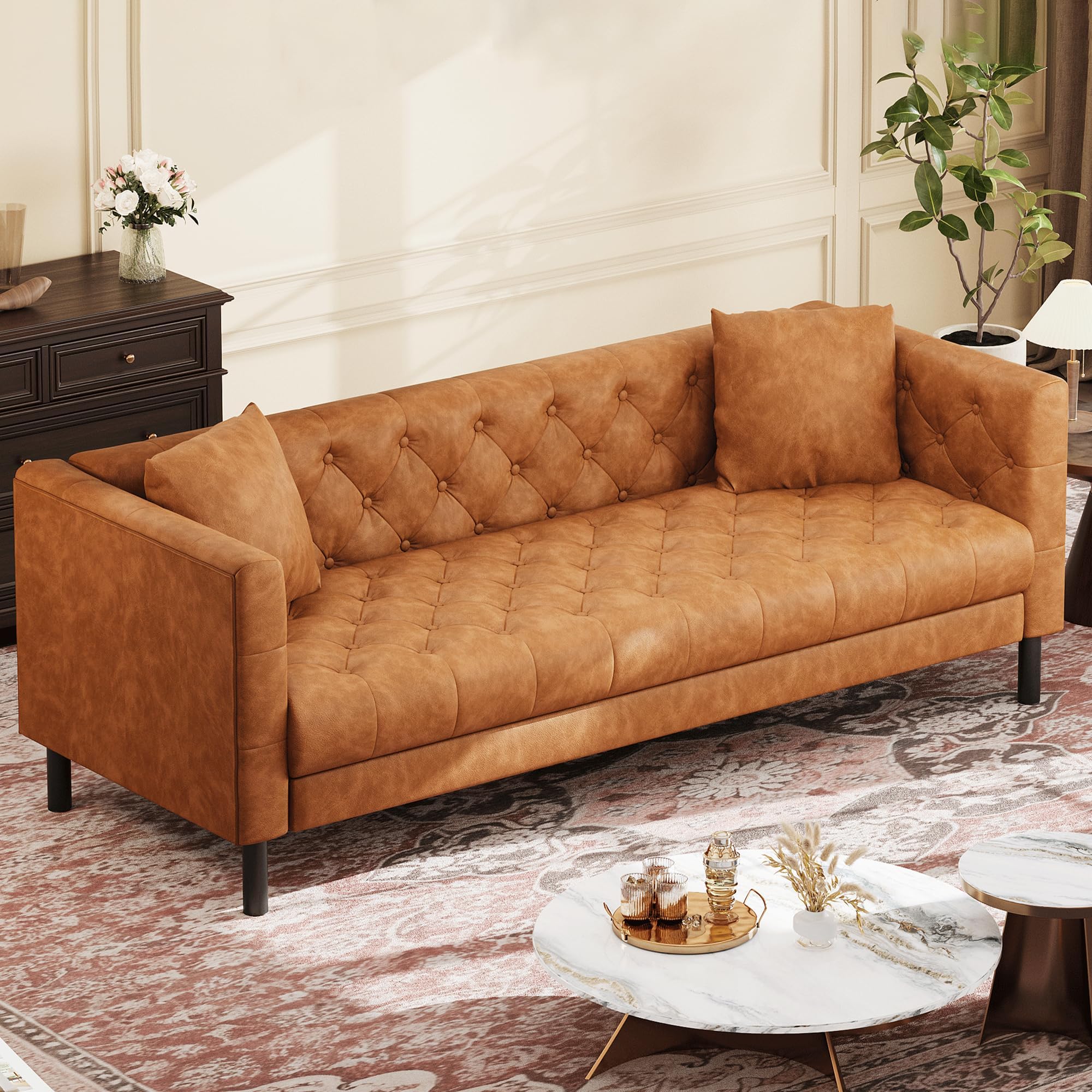 81" Leather Couch, Chesterfield Sofa with Deep Seat, Handmade Button Tufted 3 Seater Sofa, Modern Leather Sofa for Apartment, or Office, Cognac Tan