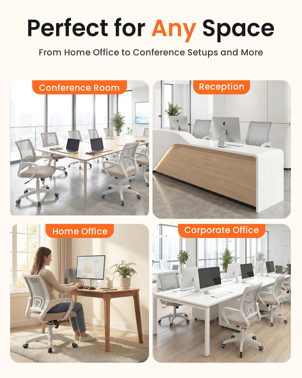 Office Desk Computer Chair Ergonomic Mesh Gaming Cushion Seat with Comfy Lumbar Mid Back Support Adjustable Height Swivel Rolling Wheels for Home Task (Beige)