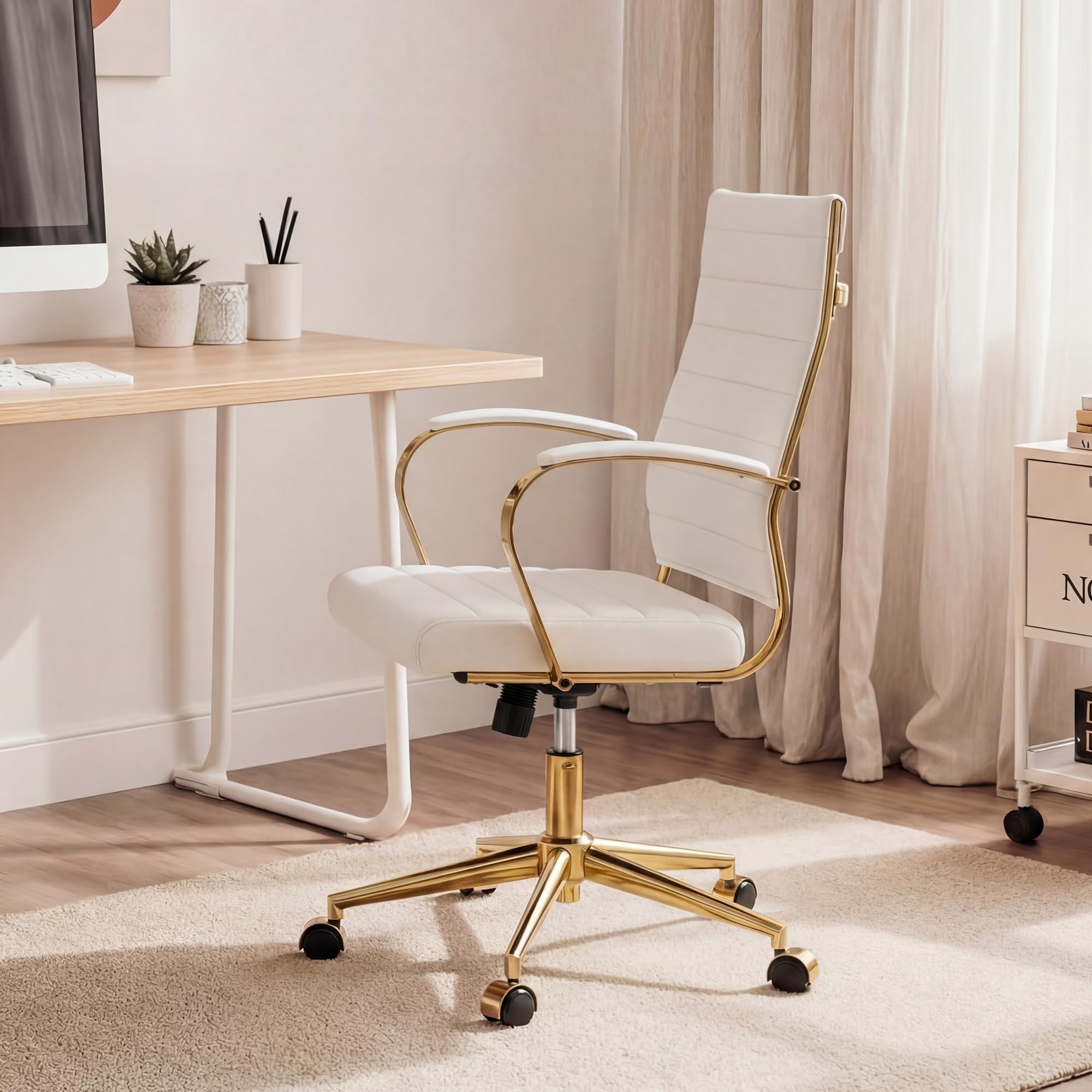 Gold Office Desk Chair, Ergonomic Leather Modern Conference Room Chairs, Executive Ribbed Height Adjustable Swivel Rolling Golden Chair for Home Office.