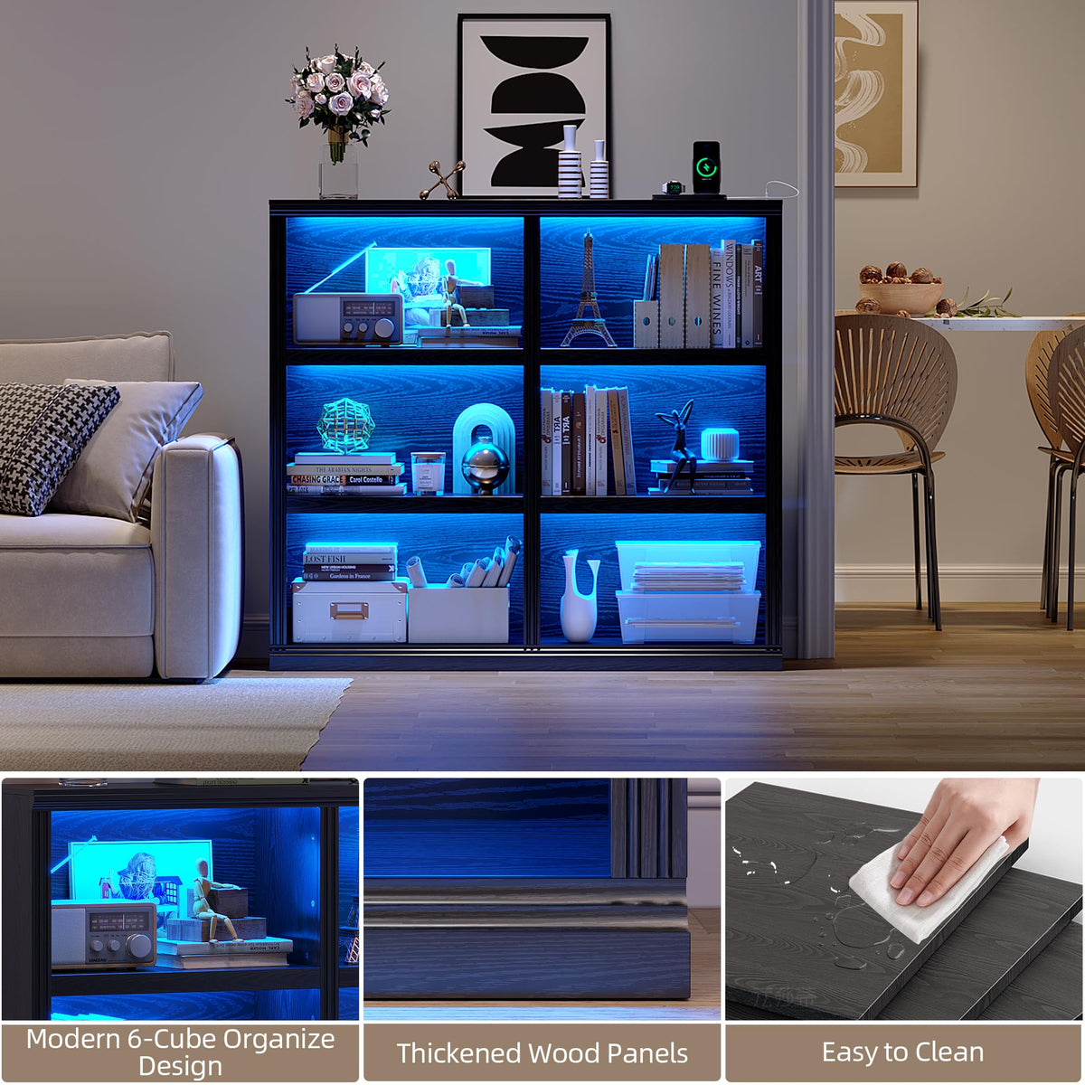 6-Cube LED Bookshelf with Motion Sensor and USB Type-C - Black