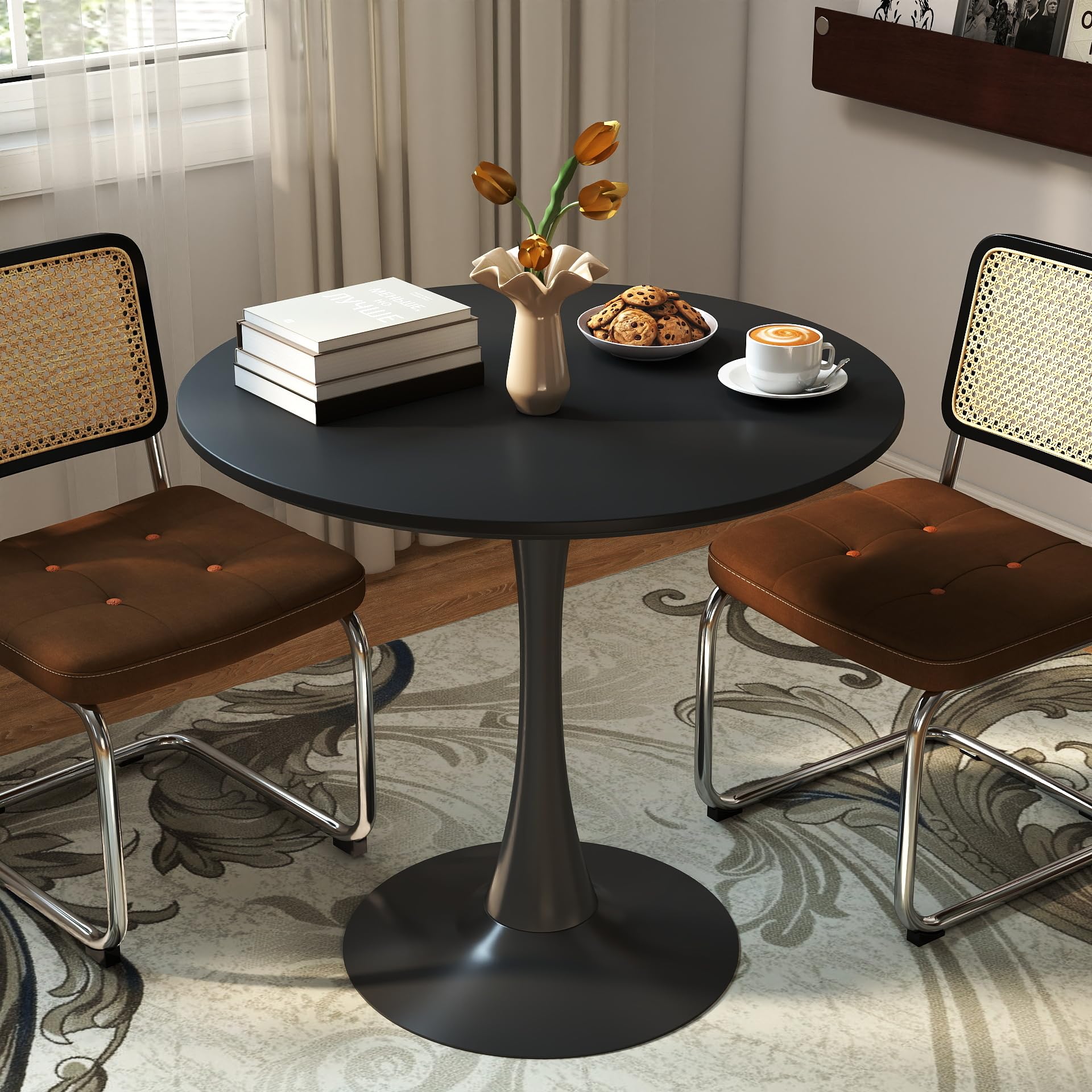 TUOMUR Black Round Dining Table, 31.5" Circle Tulip Table Kitchen Round Dining Table for 2-4 People with Thickened Top and Metal Pedestal, Mid-Century Leisure Table for Home, Dining Room, Cafe