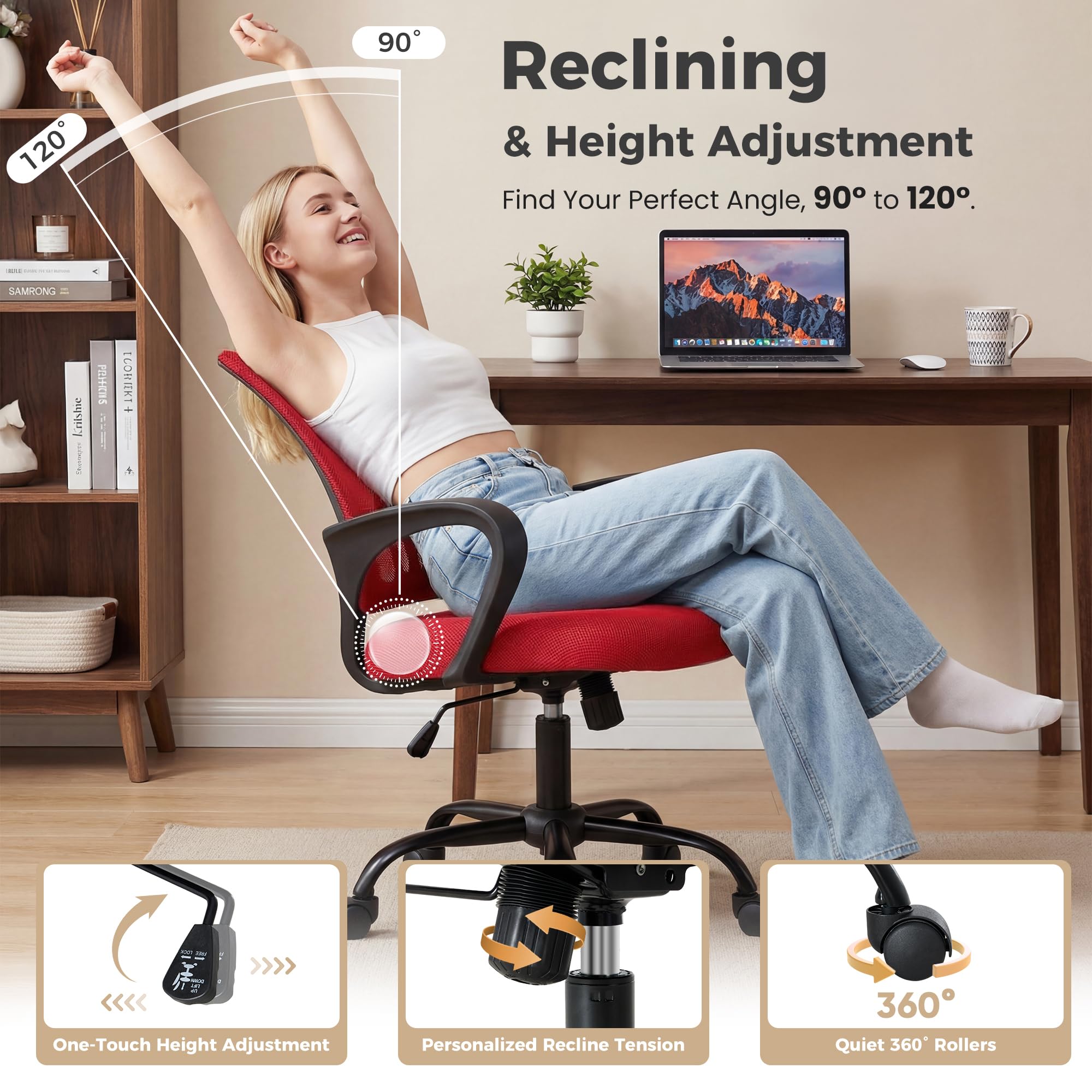 Office Desk Chair - Ergonomic Mid Back with Lumbar Support & Rocking Mode, Height Adjustable with Fixed Armrest, Storage Back for Computer, Gaming, Conference, Meeting Room, 360° Swivel, Red