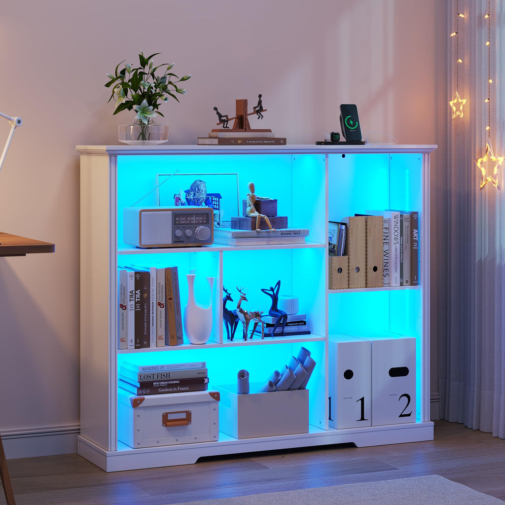 LED Bookcase with 3 Tiers, Motion Sensor and USB Charging - White