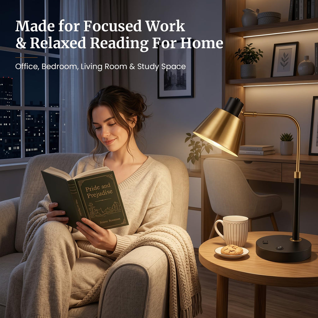 Desk Lamp with USB-C, USB-A and AC Outlet, Adjustable E26 Table Lamp for Home Office and Bedside Reading, Matte Black and Brushed Brass-Look, Bulb Not Included