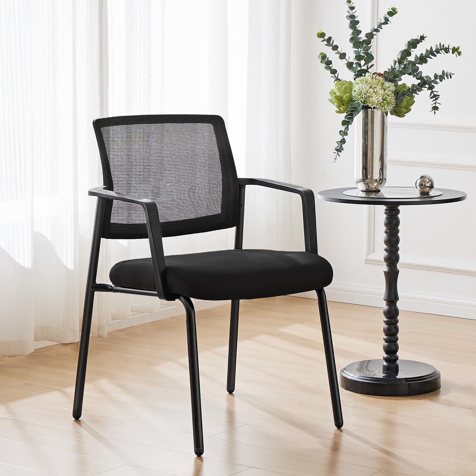 4 Pack Black, Mesh Back Stacking Arm Chairs, Upholstered Fabric Stacking Chairs, Sturdy Metal Office Chairs, Easy to Use and Store, Outdoor and Indoor, for Home, School, Party, Church