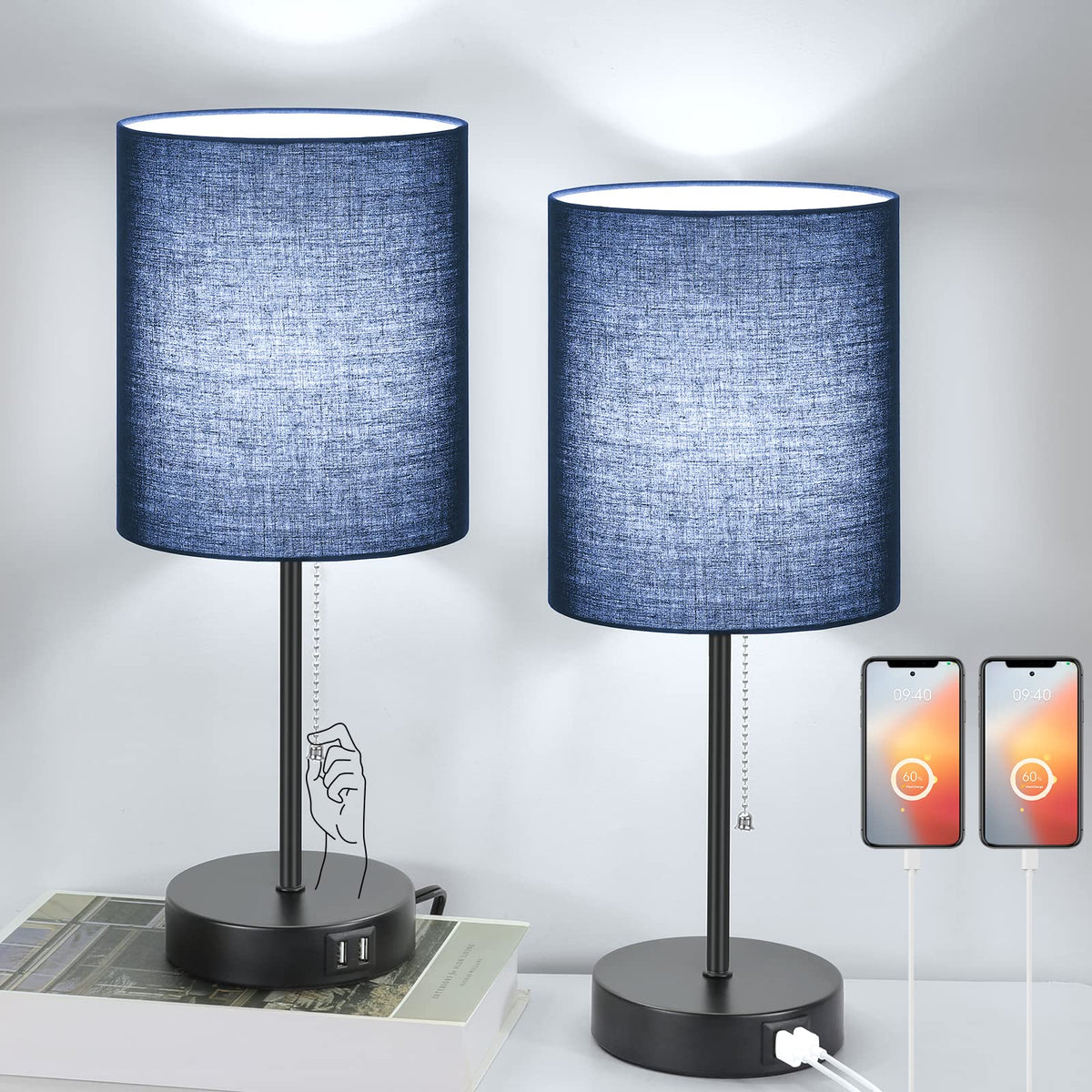 Bedside Table Lamps Set of 2 with USB Charging Ports and AC Outlet, Blue