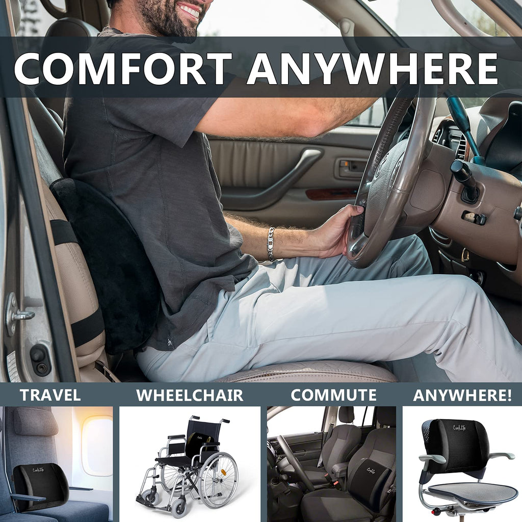 Lumbar Support Back Pillow Office Chair and Car Seat Cushion - Memory Foam with Adjustable Strap and Breathable 3D Mesh (Black)