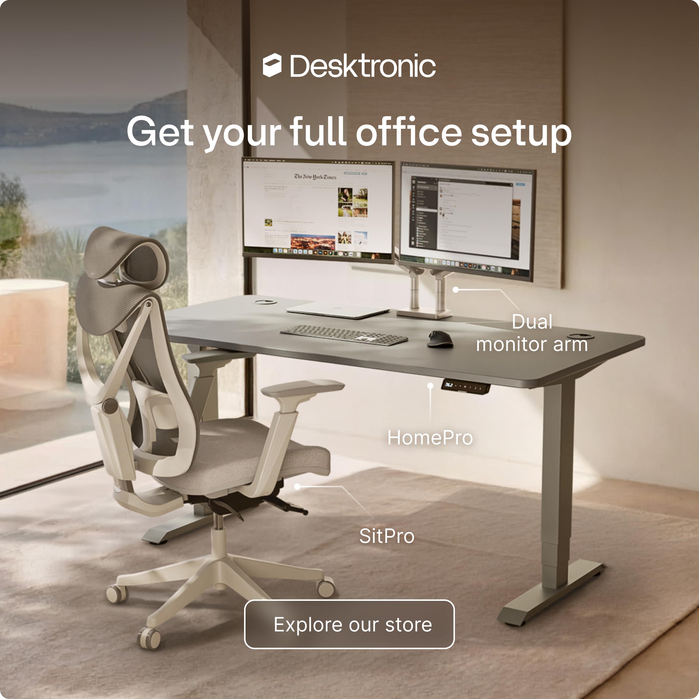 Standing Desk 54x28 — Made in Europe, Ergonomic Sit Stand Home Office Desk, Electric Height Adjustable, Dual Motor, USB & USB-C Charging, Wobble-Free, Touchscreen, 3 Memory Presets