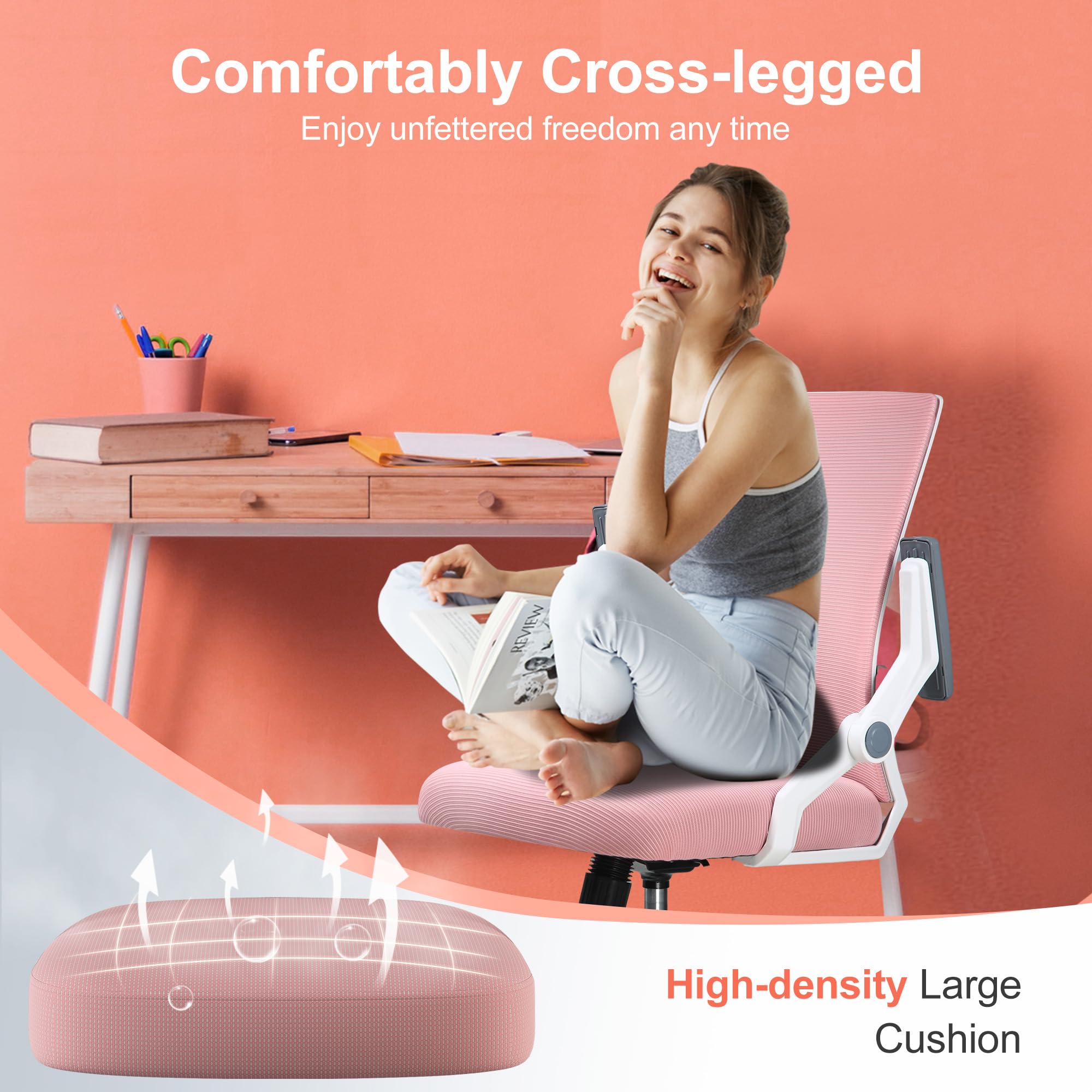 Office Chair with Flip-up Armrests Ergonomic Computer Desk Chair with Adaptive Lumbar Support & Breathable Mesh, Pink