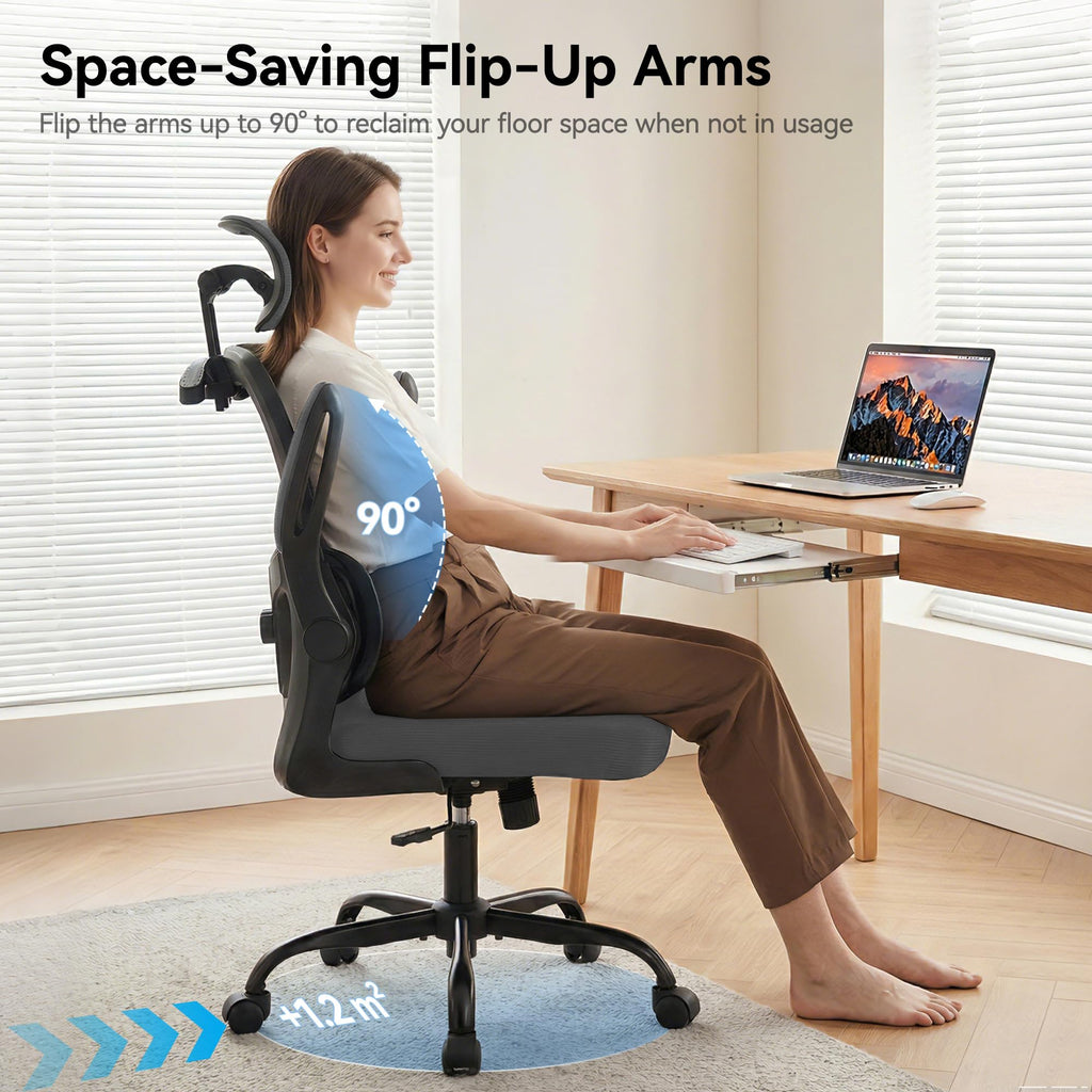 Office Chair Ergonomic Desk Chairs with Adjustable Lumbar Support& Headrest Hanger, High Back Breathable Mesh Chair with Wheels, Rolling Swivel Comfy Task Computer Chair for Home Work Gaming