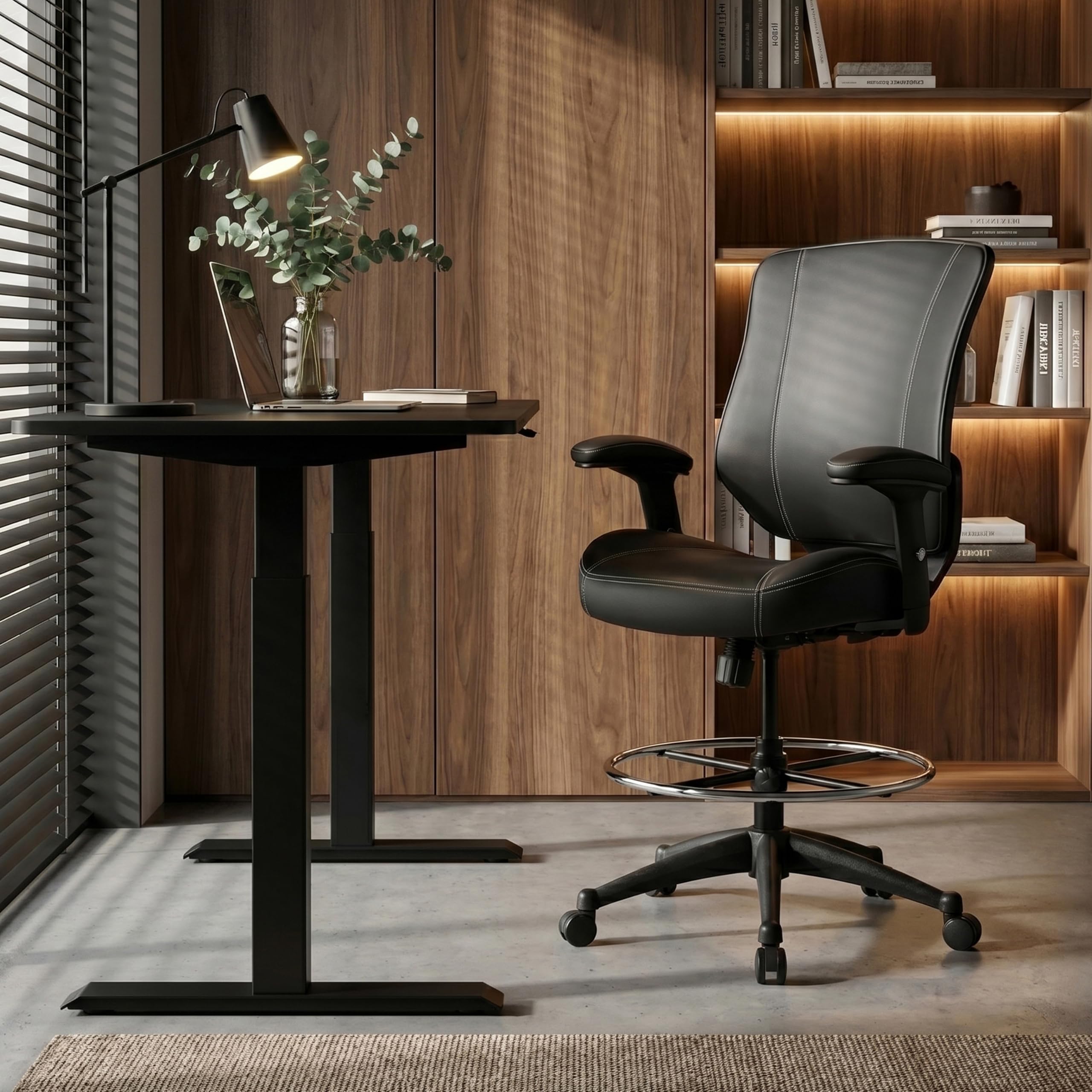 400lbs Mid Back Premium Leather Ergonomic Drafting Chair Office for Adjustable Desk Wide Chair Built-in Lumbar Support Adjustable Foot Ring Height Adjustable Armrest (Black Leather)