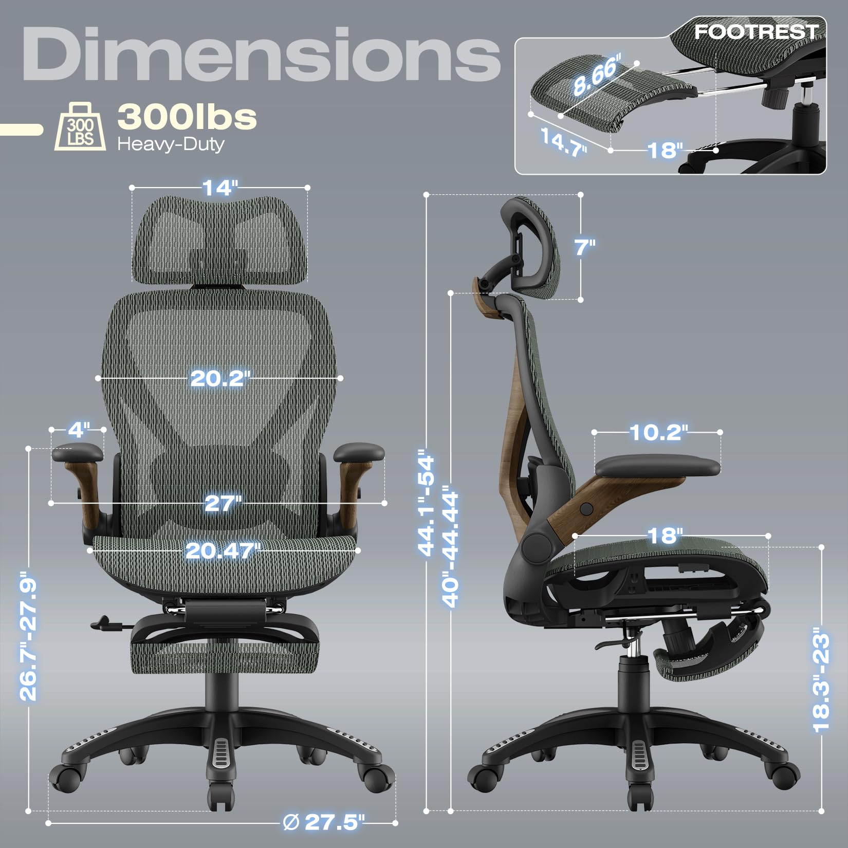 X100 Ergonomic Mesh Office Chair with Footrest, Big and Tall Hone Desk Chair with 5D Flip-Up Arms, Adjustable 3D Lumbar Support,Gaming & Executive Computer Chairs