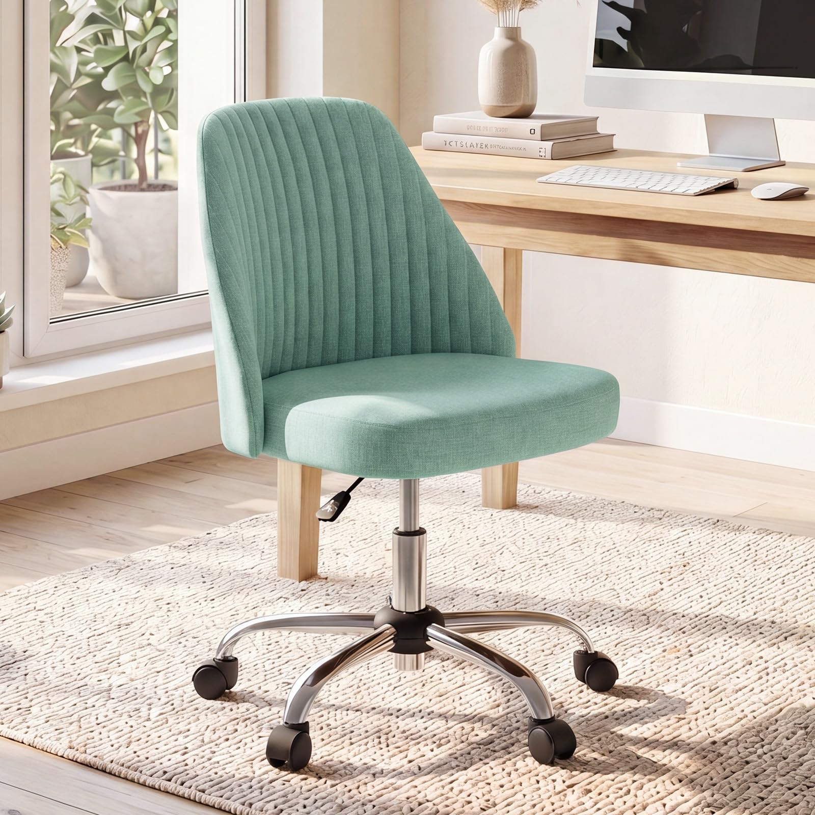 Office Chair, Comfy Desk Chair Rolling Vanity Swivel Task Chairs with Wheels, Wide Seating Armless Height Adjustable Computer Chairs for Home,Bedroom,Student,Adults, Green