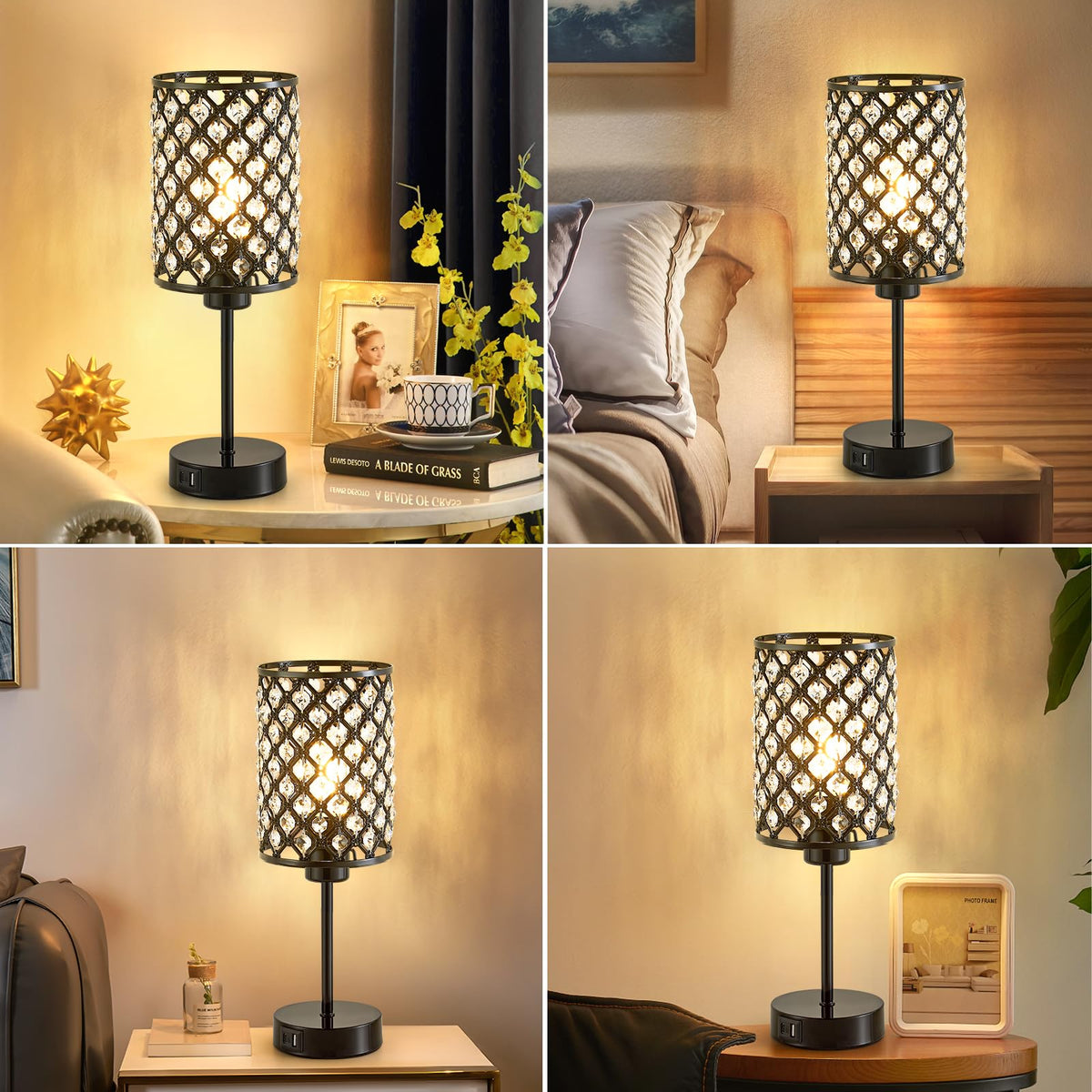Crystal Table Lamp, Black Touch Lamp with USB C+A Port, 3-Way Dimmable