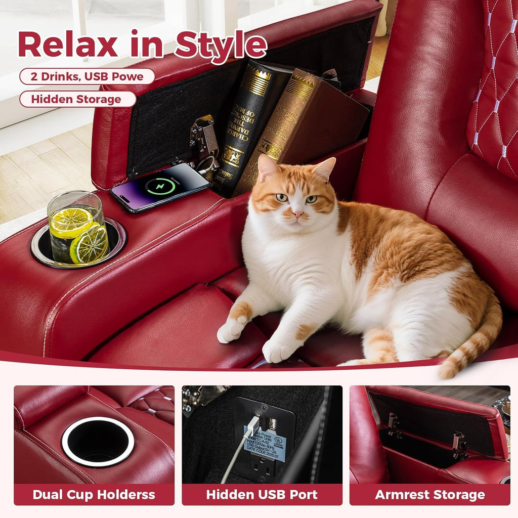 Power Recliner Chair Set of 3, Electric Soft Faux Leather Reclining Home Theater Seating - USB Ports, Cup Holders, Hidden Arm Storage Movie & Media Room Chairs (Red)