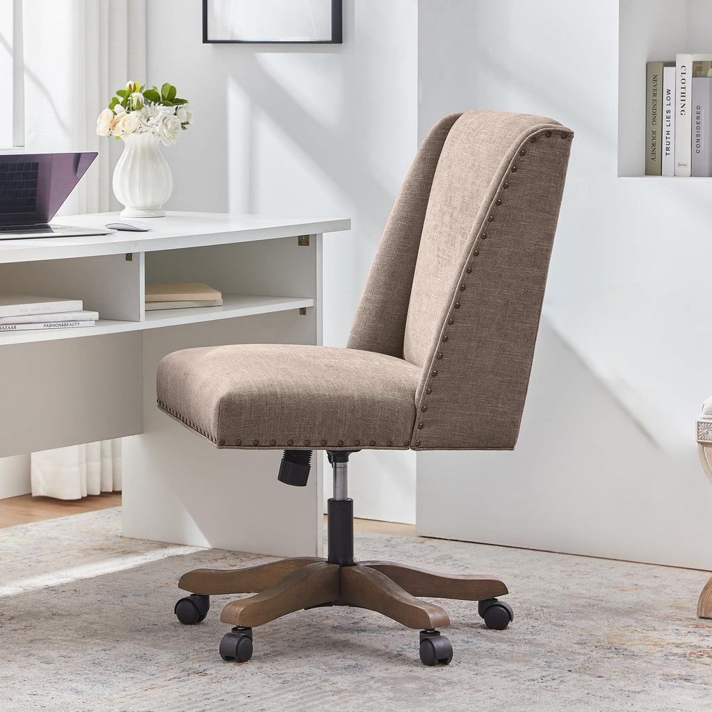 Upholstered Armless Office Chair with Wooden Legs, Modern Adjustable Home Office Desk Chair Computer Chair Swivel Chair for Home Office Study Studio (Brown)