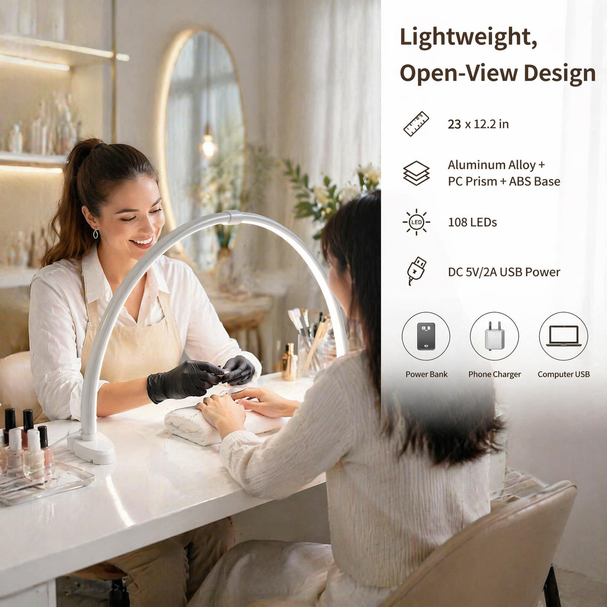 Half Moon Nail Light, 180° No Shadow LED Nail Desk Lamp with Foldable Height Adjustable Base, Nail Tech Lamp Soft Light Eye Protection for Manicure Eyelash Tattoo Craft Workbench Lighting