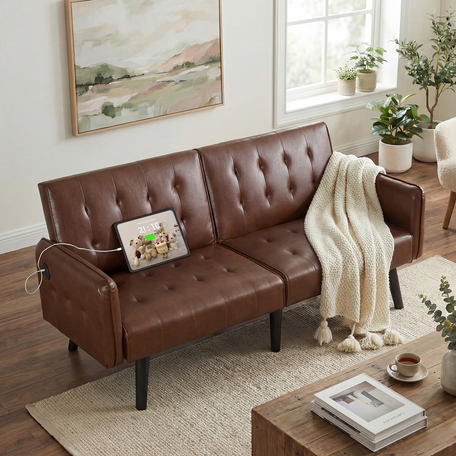 65“ Convertible Futon Sofa Bed w/ 2 USB,Tufted Small Adjustable Folding Couch Loveseat, Modern Mid Century Faux Leather Sleeper Sofa for Office, Living Room, Bedroom, Brown