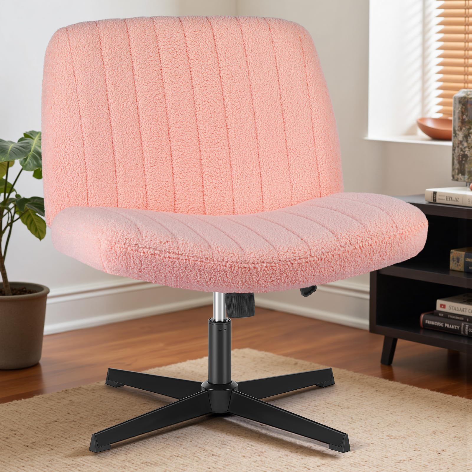 Criss Cross Chairs Legged Armless No Wheels Wide Seat Height Adjustable Swivel Rolling Padded Furry Cute Home Office Desk Seating for Bedroom, Student, Study Room