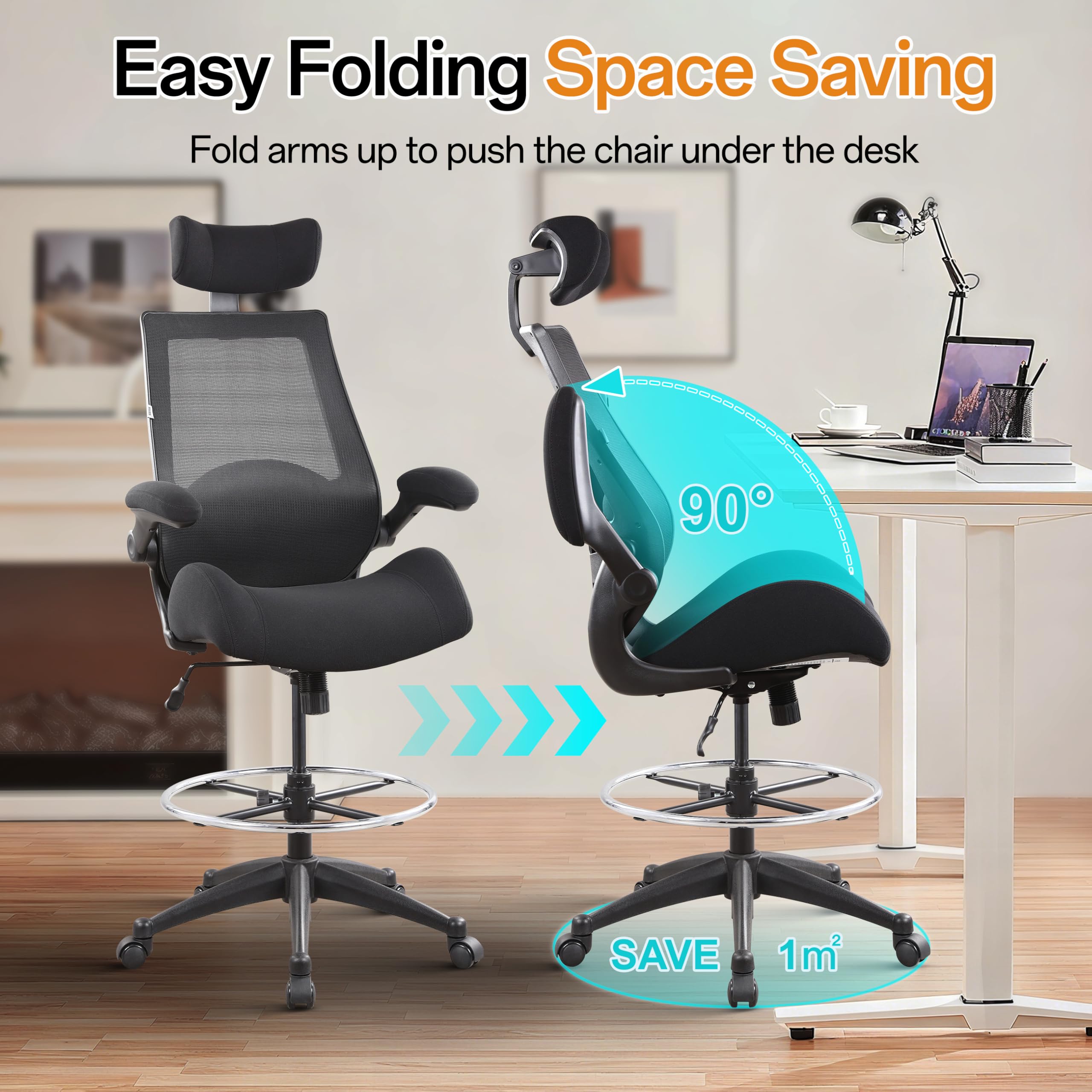 Drafting Tall Office Chair 400lbs High Back Wide Standing Desk Chair Comfortable with Flip up Armrests Lumbar Support Adjustable Big Footrest Ring(Black)