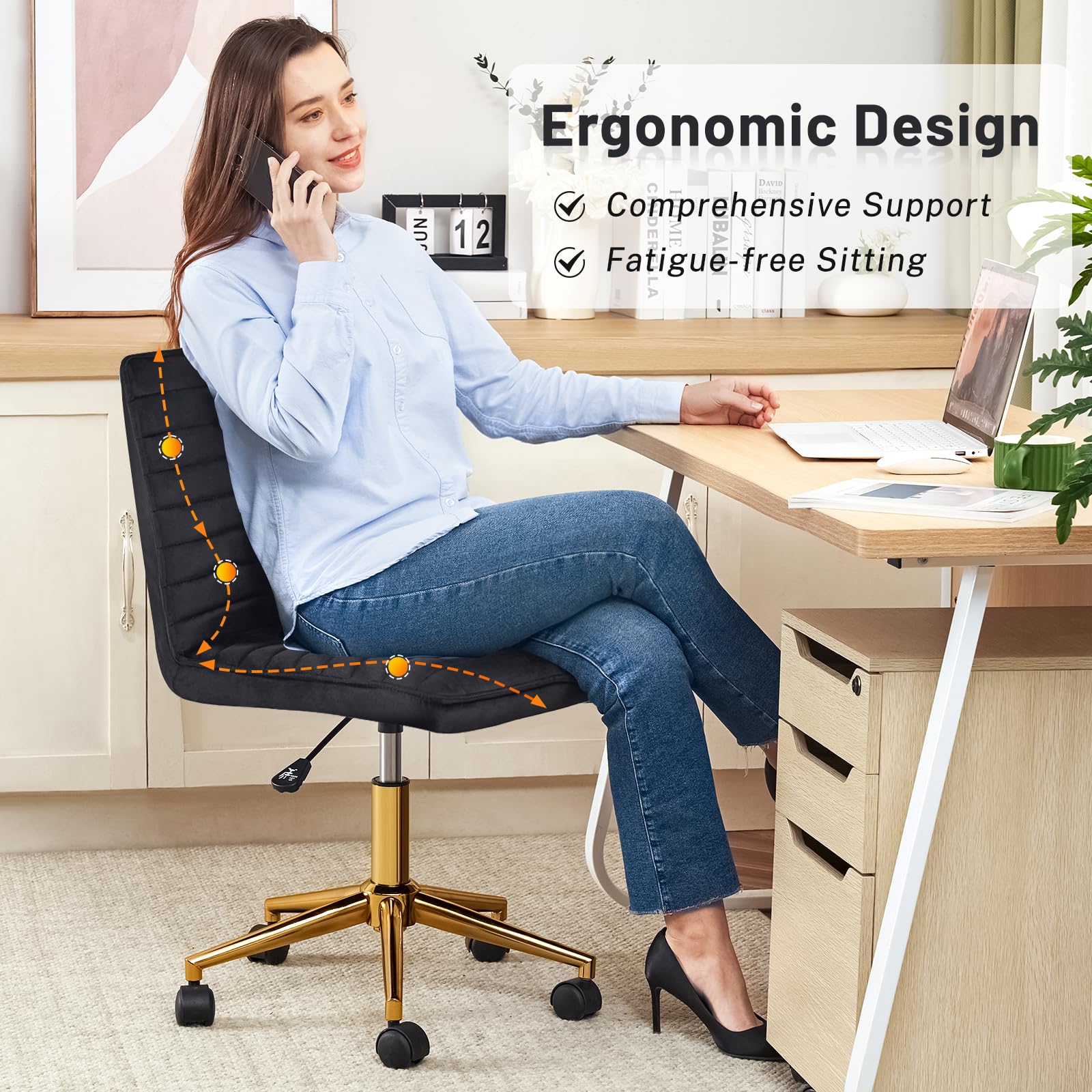 Office Desk Chair, Armless Desk Chair with Wheels Soft Velvet Adjustable Height, Comfy Computer Rolling Chairs with Gold Metal Base Stool,Black