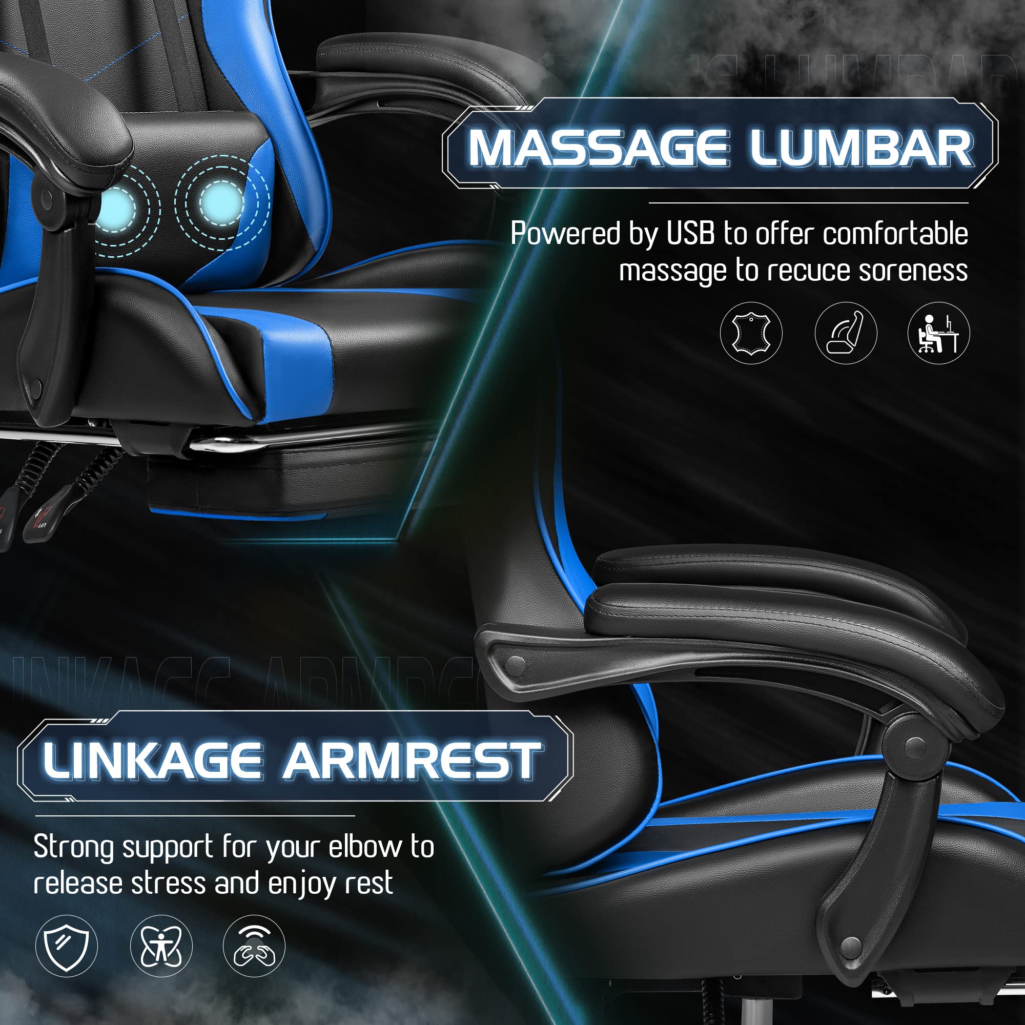 Gaming Chair, Video Game Chair with Footrest and Massage Lumbar Support, Ergonomic Computer Chair Height Adjustable with Swivel Seat and Headrest (Blue)