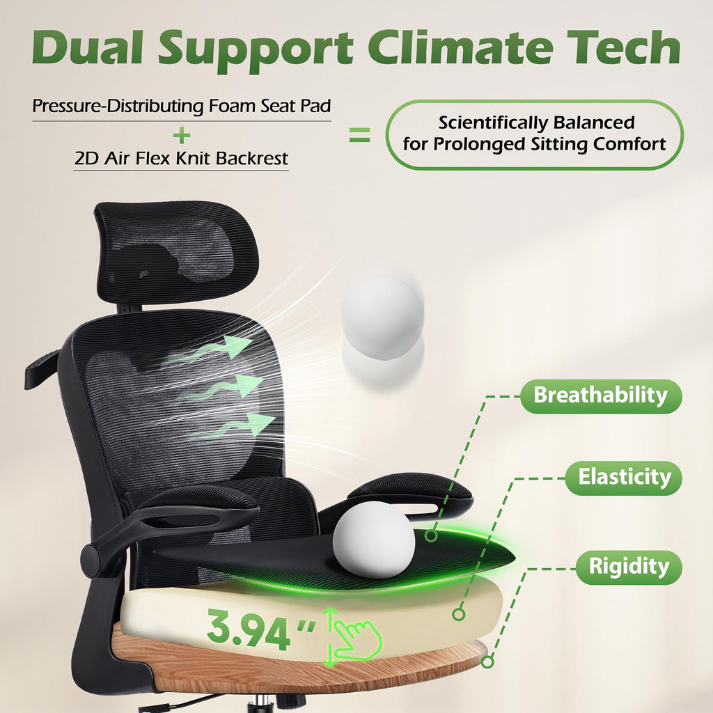 Office Chair Ergonomic Desk Chairs with Adjustable Lumbar Support& Headrest Hanger, High Back Breathable Mesh Chair with Wheels, Rolling Swivel Comfy Task Computer Chair for Home Work Gaming