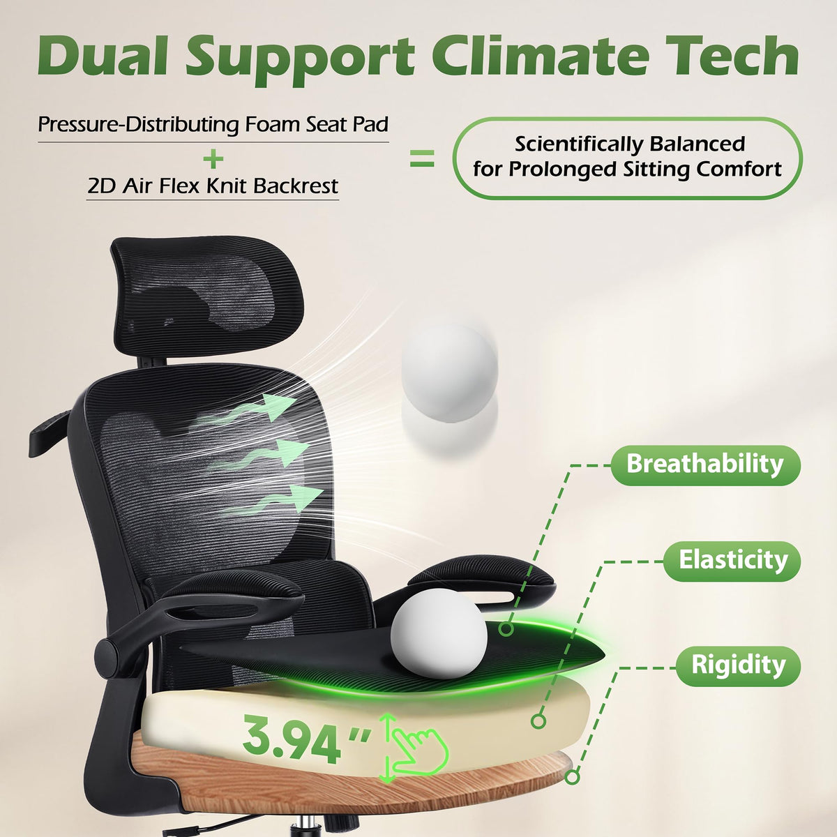 Office Chair Ergonomic Desk Chairs with Adjustable Lumbar Support& Headrest Hanger, High Back Breathable Mesh Chair with Wheels, Rolling Swivel Comfy Task Computer Chair for Home Work Gaming