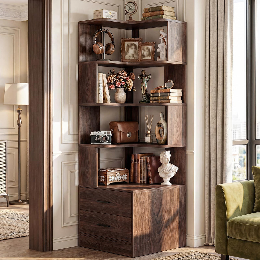 Corner Book Shelf with Drawers, Small Corner Shelf with Drawers