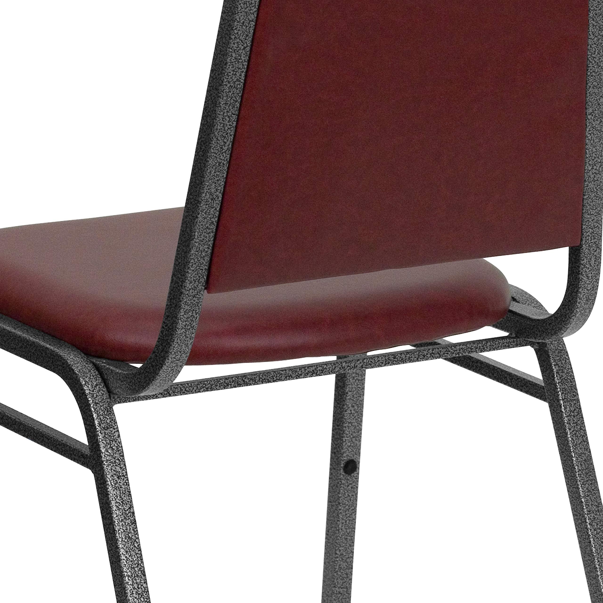 Trapezoidal Back Vinyl Stackable Banquet Chair, Multipurpose Stacking Chair with Padded Seat and Back, Burgundy/Silver