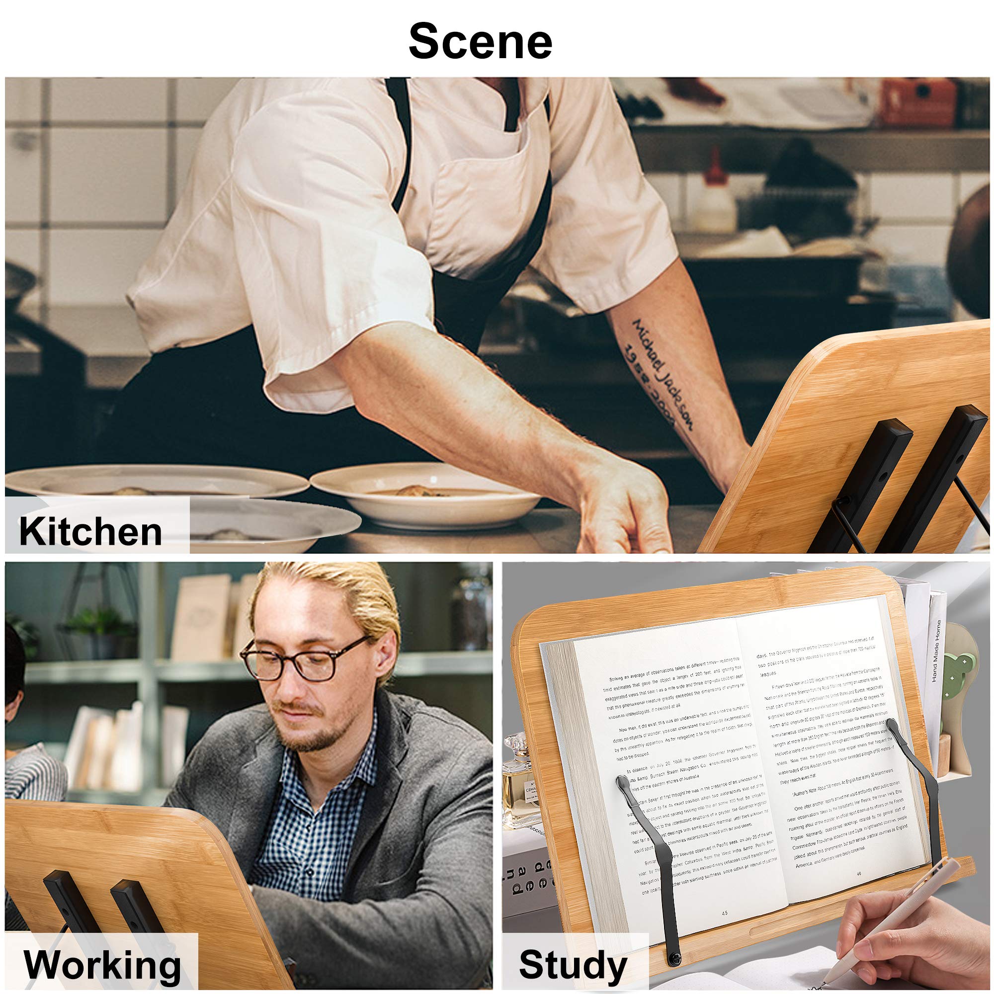 Bamboo Book Stand, Large Book Holder with 6 Adjustable Height, Foldable Cookbook Stand Desktop Document Holder for Kitchen & Office (13.4 x 9.3 Inch)