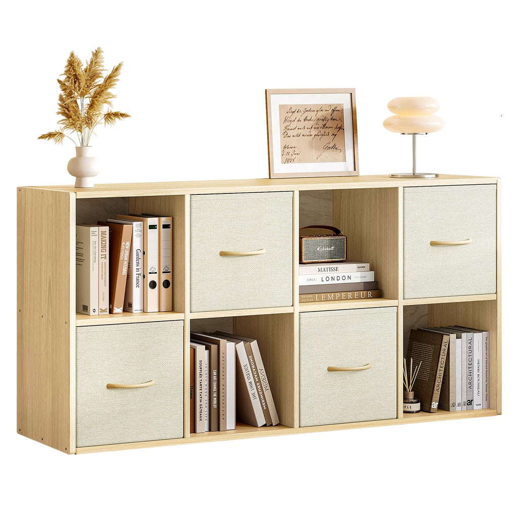 8 Cube Storage Organizer - Solid Wood Bookshelf with 4 Storage Bins, Cube Shelf with 2 Removable Back Panels, Vertical or Horizontal Bookcase, Open Book Shelf for Bedroom, Living Room, Office