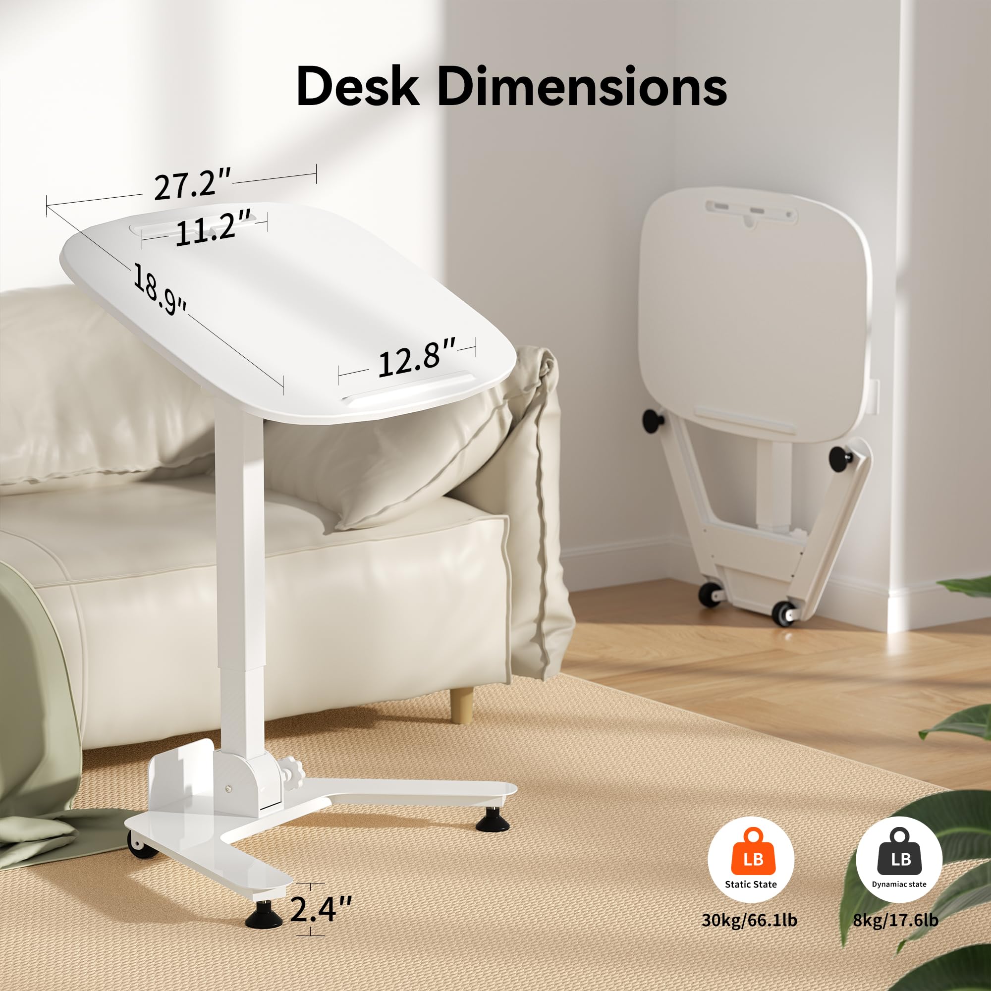 Foldable Pneumatic Height Adjustable Mobile Standing Desk with 90° Tiltable Tabletop, 27.2x18.9 Inch Portable Laptop Desk with Wheels, Holds Up to 66.1lbs for Home Office, Study, White