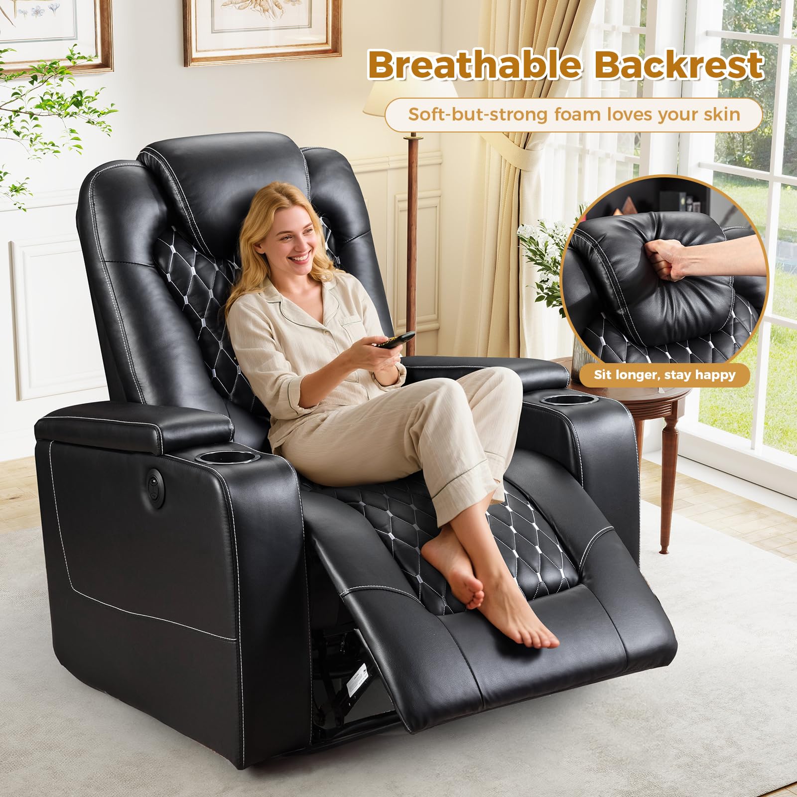 (Set of 2, Black) Power Recliner Chair with USB Ports and Cup Holders - Overstuffed Electric Home Theater Seating PU Leather Reclining Furniture with Hidden Arm Storage, Easy to Clean